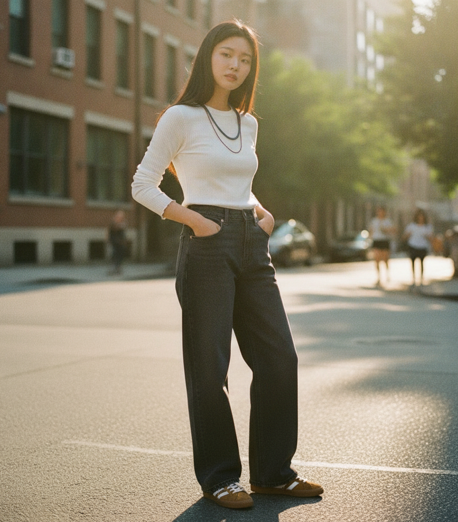 러플 티 + 와이드 데님